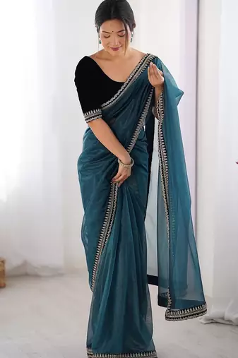 Blue embellished sequinned net designer saree
