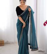 Blue embellished sequinned net designer saree