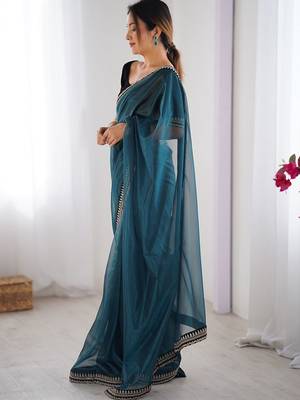 Blue embellished sequinned net designer saree 2