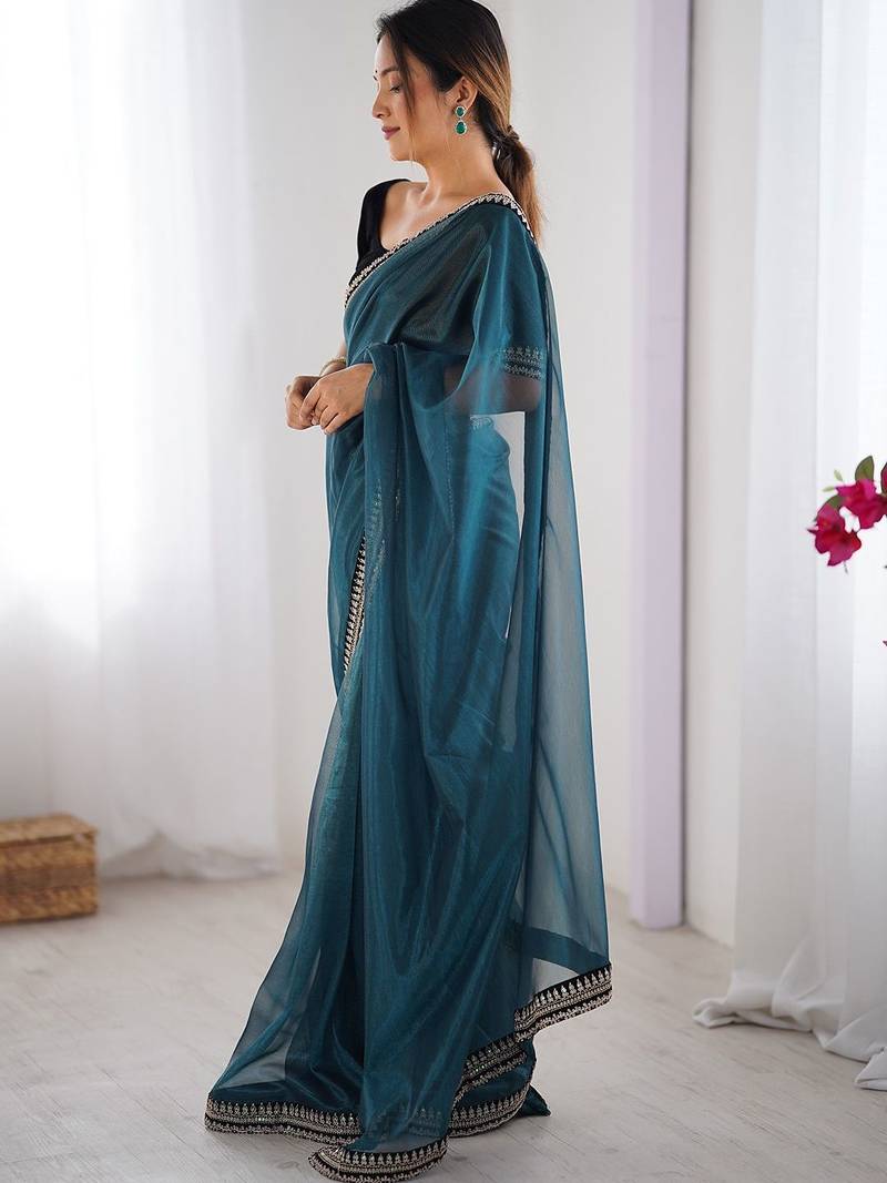 Blue embellished sequinned net designer saree