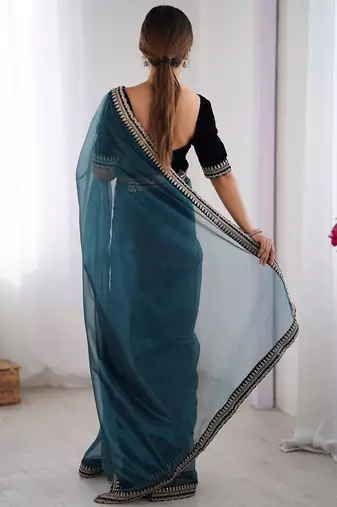 Blue embellished sequinned net designer saree