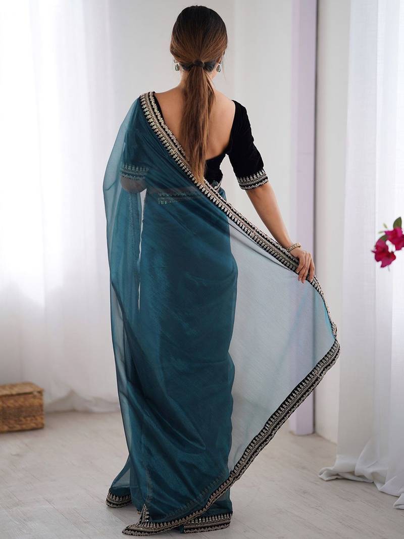 Blue embellished sequinned net designer saree