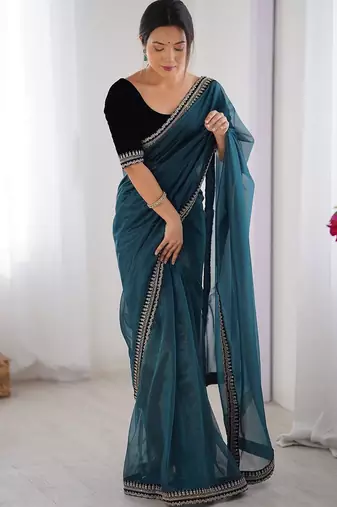 Blue embellished sequinned net designer saree