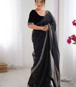 Black floral embroidered sequinned net saree