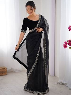 Black floral embroidered sequinned net saree 2