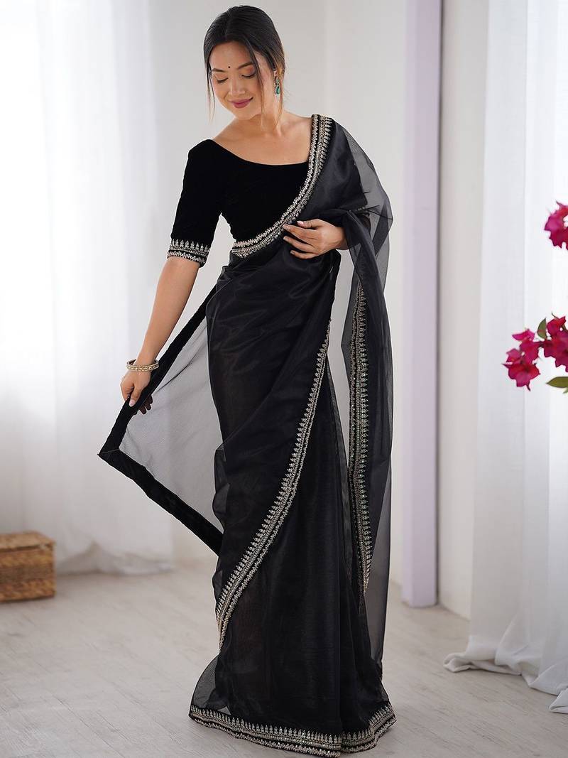 Black floral embroidered sequinned net saree