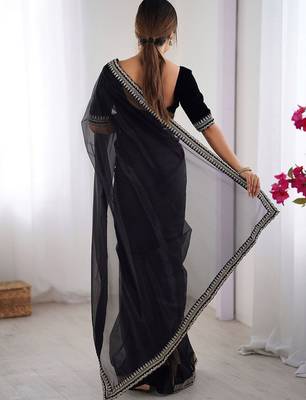 Black floral embroidered sequinned net saree 3
