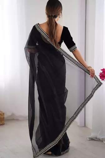 Black floral embroidered sequinned net saree