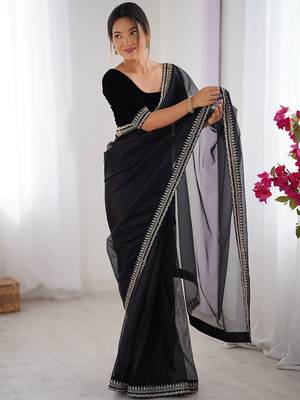 Black floral embroidered sequinned net saree 4