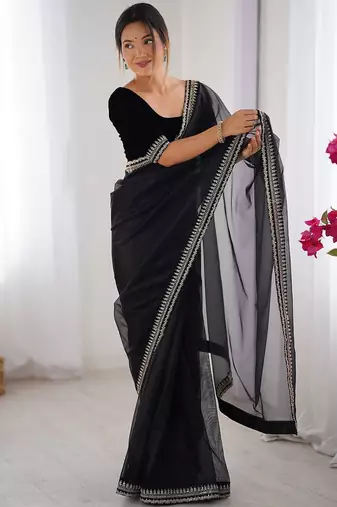 Black floral embroidered sequinned net saree