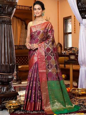 Purple ethnic motifs zari organza banarasi saree 1