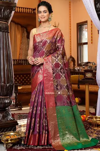 Purple ethnic motifs zari organza banarasi saree