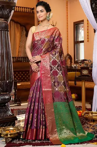Purple ethnic motifs zari organza banarasi saree