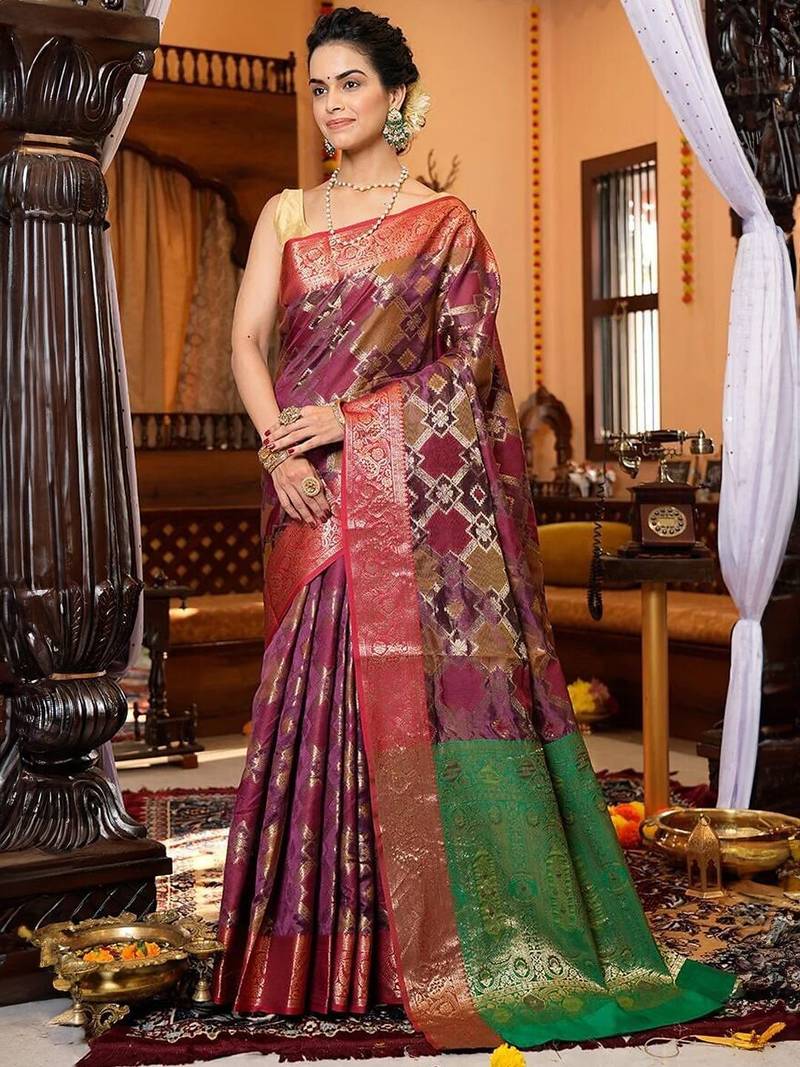 Purple ethnic motifs zari organza banarasi saree