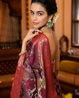 Purple ethnic motifs zari organza banarasi saree 3