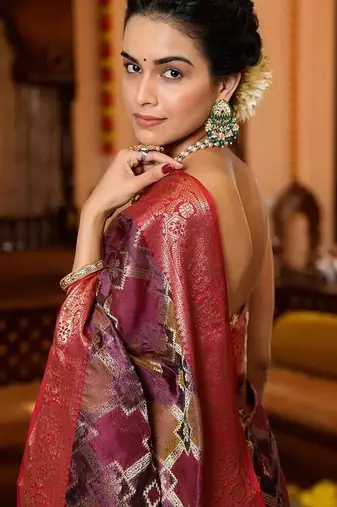 Purple ethnic motifs zari organza banarasi saree