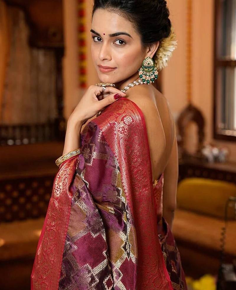 Purple ethnic motifs zari organza banarasi saree