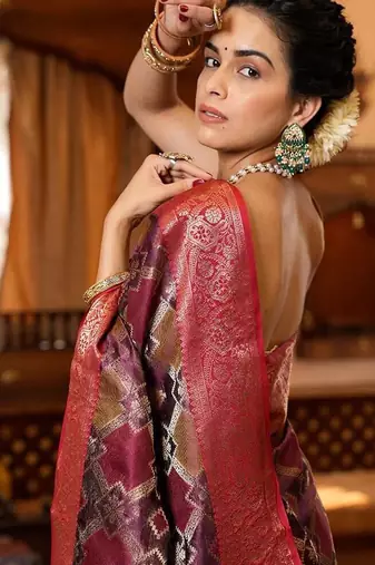 Purple ethnic motifs zari organza banarasi saree