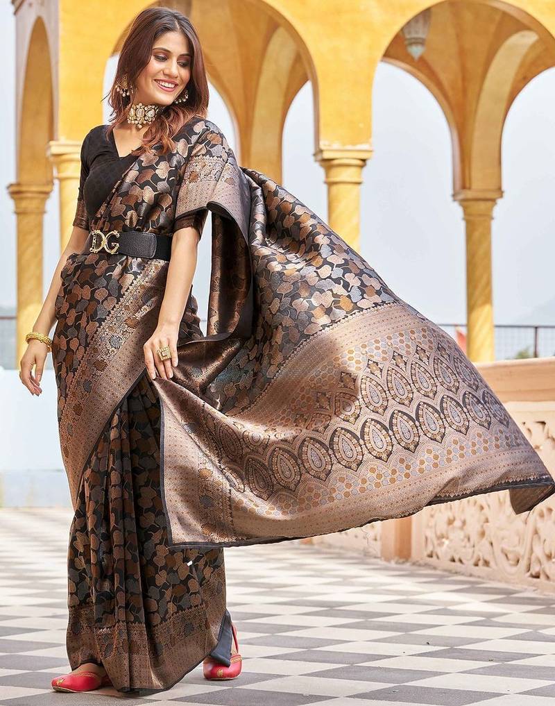 Black ethnic motifs kanjeevaram saree
