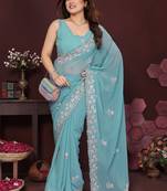 Turquoise embellished embroidered pure chiffon designer saree