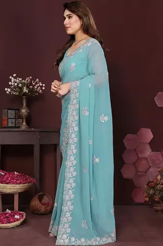 Turquoise embellished embroidered pure chiffon designer saree