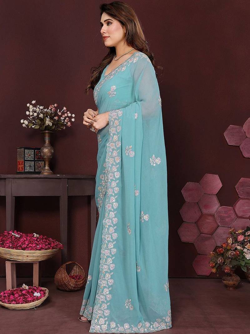 Turquoise embellished embroidered pure chiffon designer saree