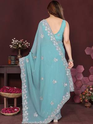 Turquoise embellished embroidered pure chiffon designer saree 4