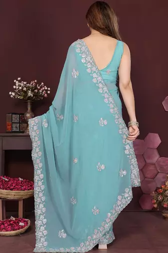 Turquoise embellished embroidered pure chiffon designer saree