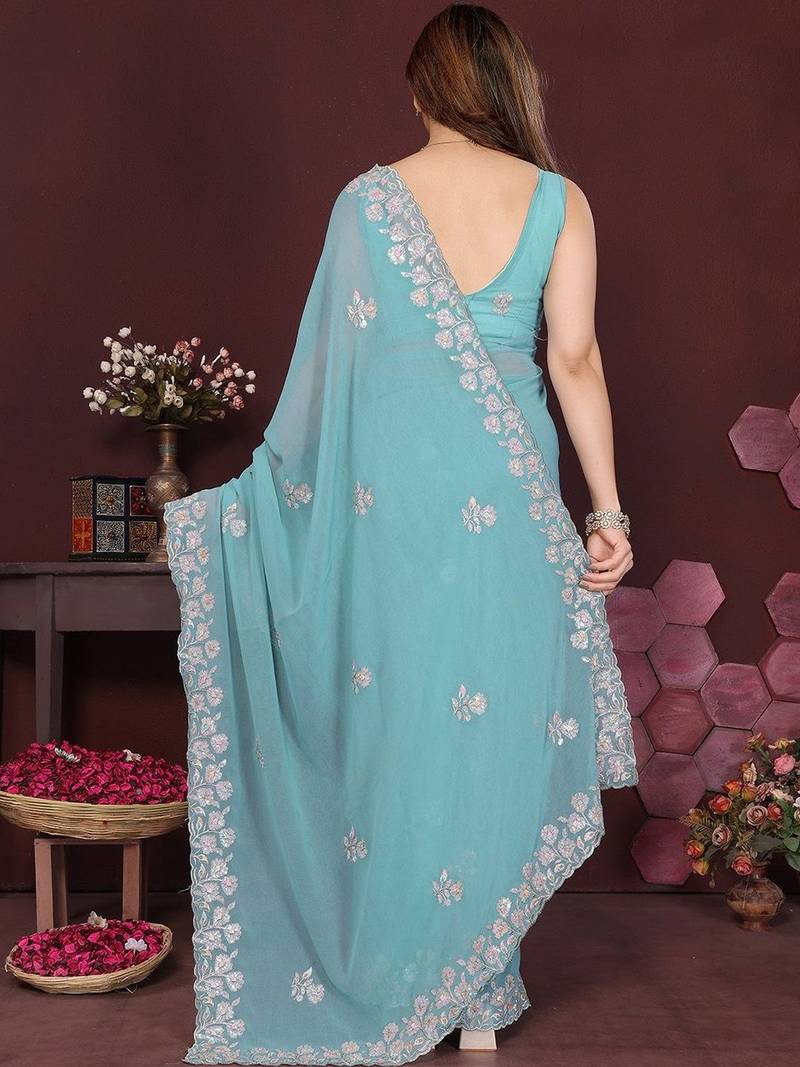 Turquoise embellished embroidered pure chiffon designer saree