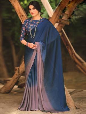 Blue embellished beads and stones border saree with unstitched blouse piece 1