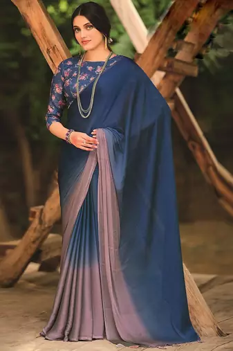 Blue embellished beads and stones border saree with unstitched blouse piece