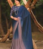 Blue embellished beads and stones border saree with unstitched blouse piece
