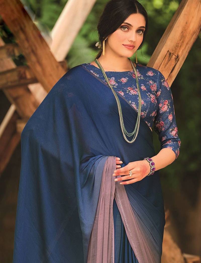 Blue embellished beads and stones border saree with unstitched blouse piece