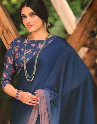 Blue embellished beads and stones border saree with unstitched blouse piece 3