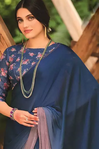 Blue embellished beads and stones border saree with unstitched blouse piece