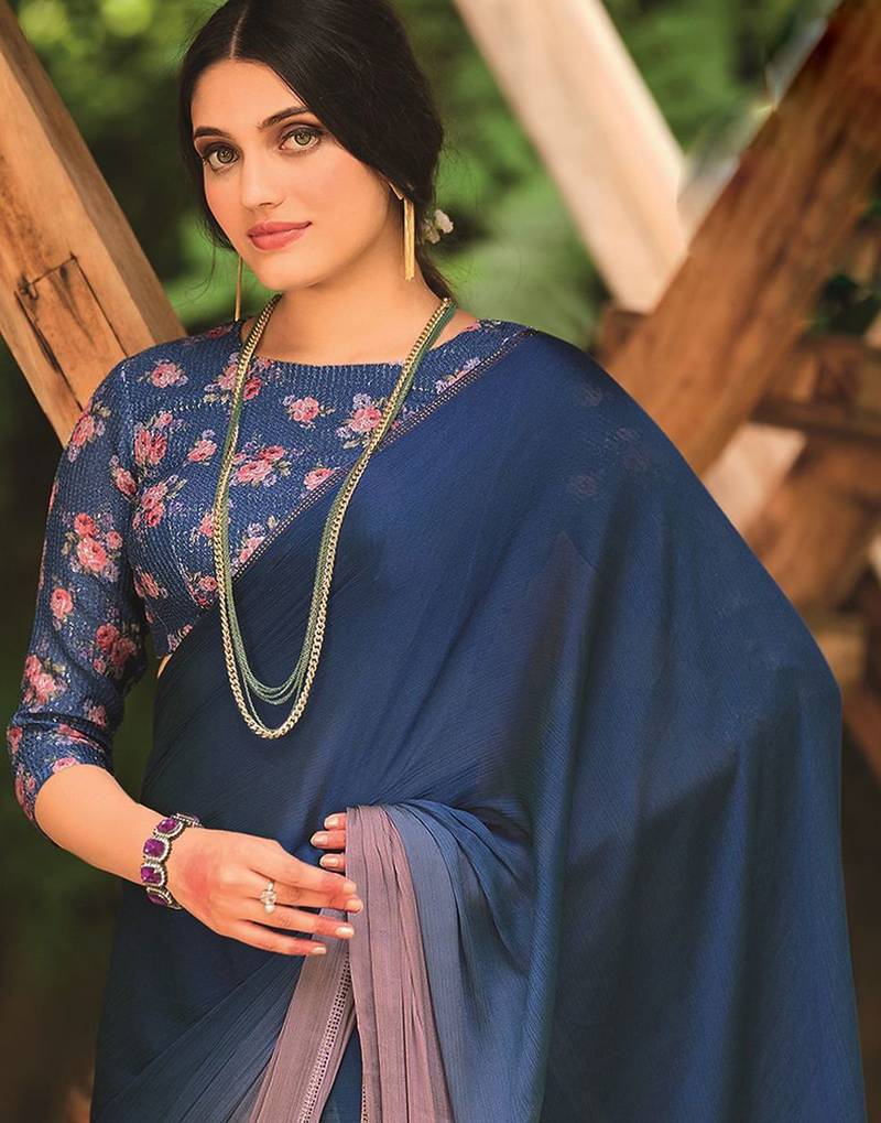 Blue embellished beads and stones border saree with unstitched blouse piece