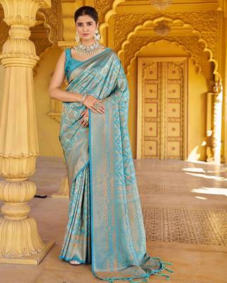 Sea green ethnic motifs woven design zari saree 1