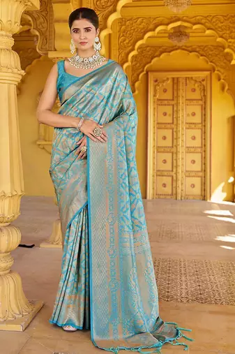 Sea green ethnic motifs woven design zari saree