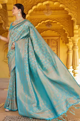 Sea green ethnic motifs woven design zari saree