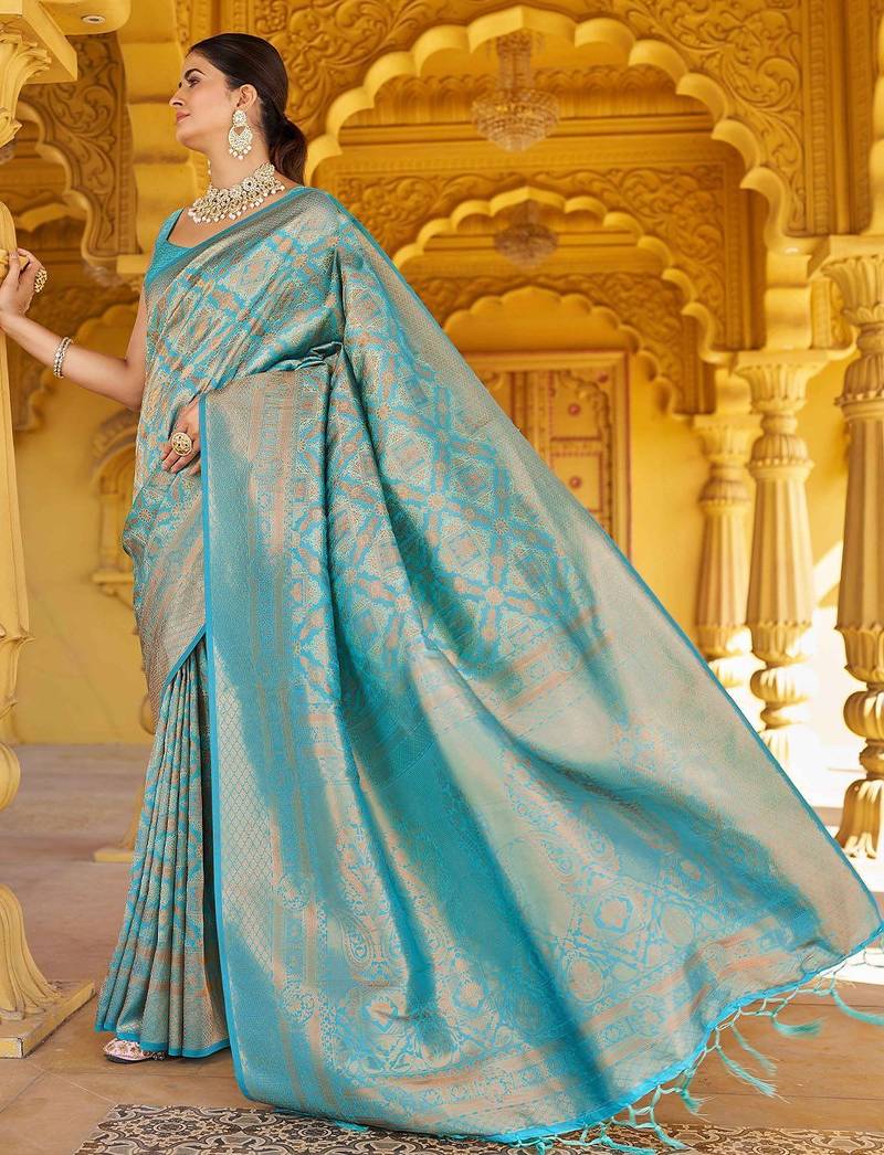 Sea green ethnic motifs woven design zari saree