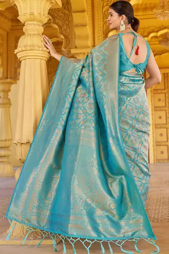 Sea green ethnic motifs woven design zari saree