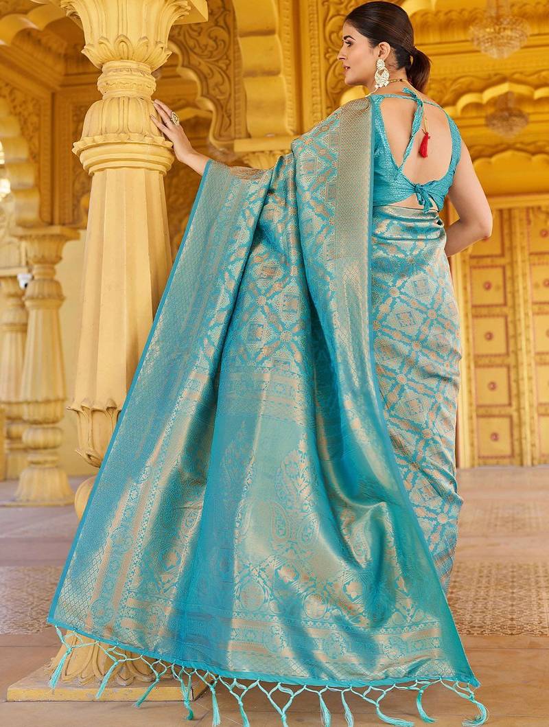 Sea green ethnic motifs woven design zari saree