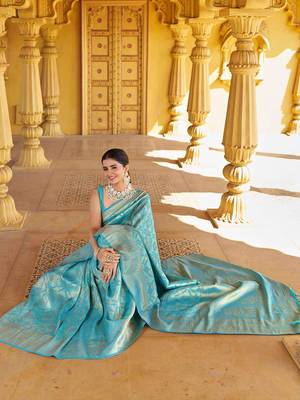 Sea green ethnic motifs woven design zari saree 4