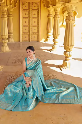 Sea green ethnic motifs woven design zari saree