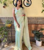 Green embroidered georgette  sequinned crush saree with blouse piece