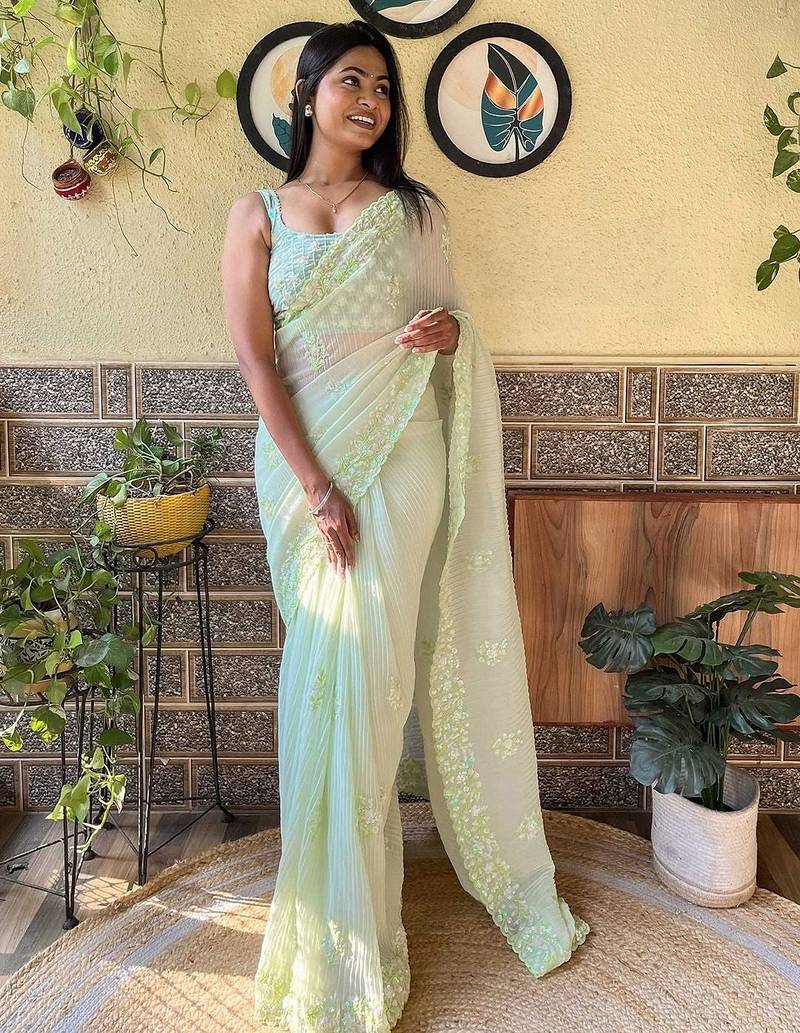 Green embroidered georgette  sequinned crush saree with blouse piece