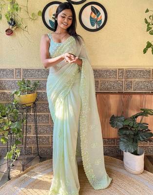 Green embroidered georgette  sequinned crush saree with blouse piece 3