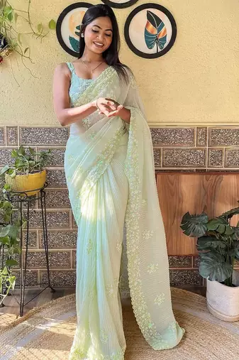 Green embroidered georgette  sequinned crush saree with blouse piece