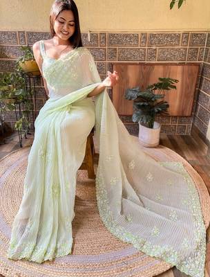 Green embroidered georgette  sequinned crush saree with blouse piece 4