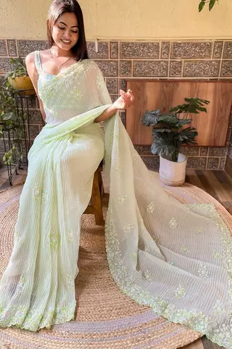 Green embroidered georgette  sequinned crush saree with blouse piece